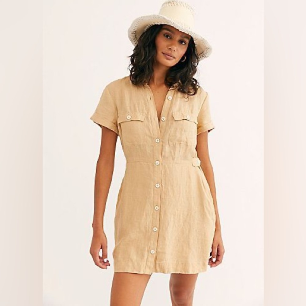 Free People Italian Love Story Tan Linen Shirt Dress